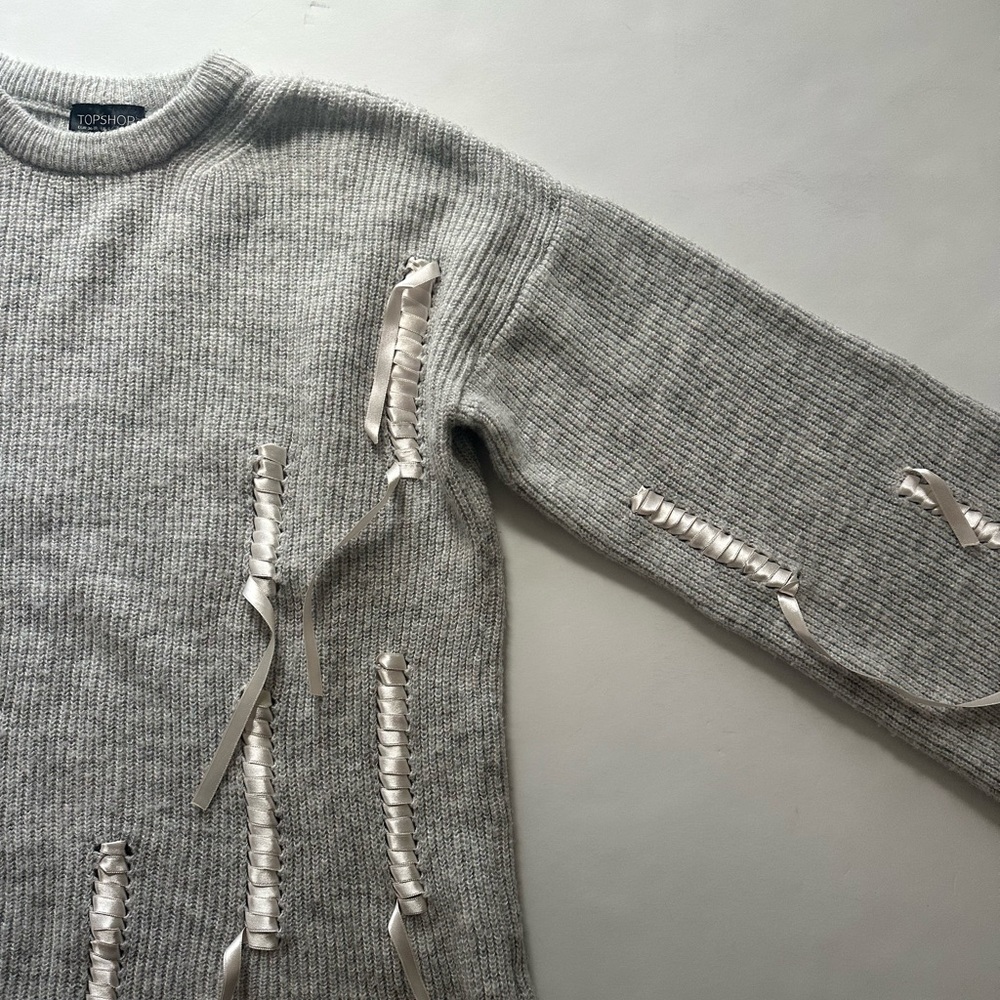 TOPSHOP Women’s Heather Gray Ribbed Ribbon Detail Sweater - Picture 4 of 6